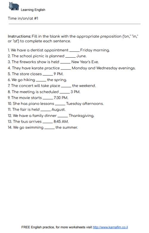 time in/on/at - worksheet #1