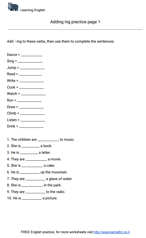 worksheet #1 to practice adding ing