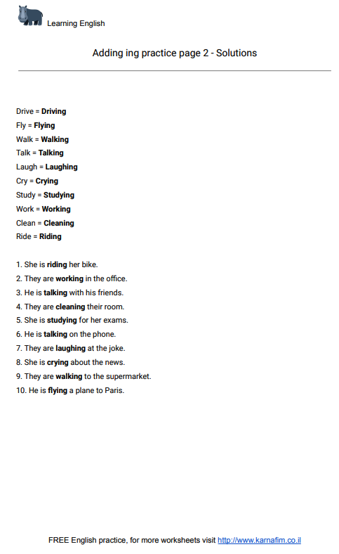 worksheet #2 to practice adding ing - solutions