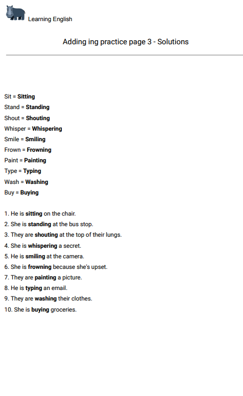 worksheet #3 to practice adding ing - solutions