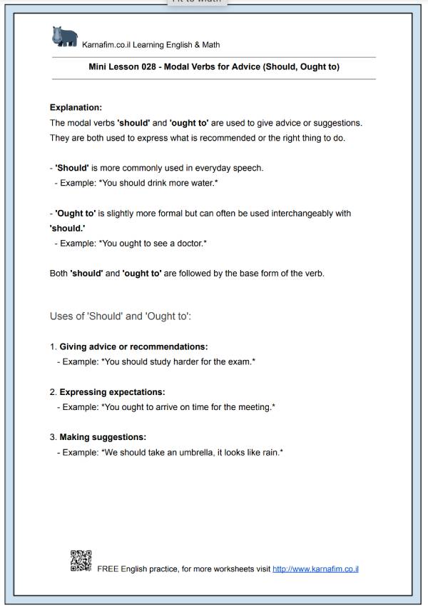 Mini Lesson 028 - Modal Verbs for Advice (Should, Ought to)-p1