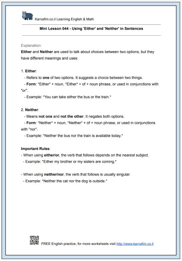 Mini Lesson 044 - Using 'Either' and 'Neither' in Sentences-p1