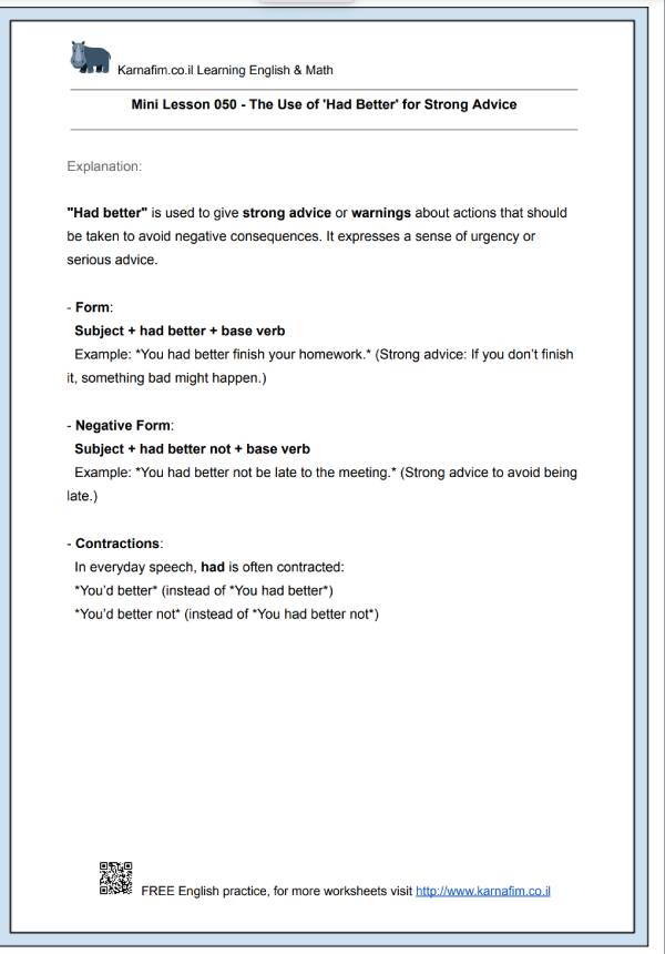 Mini Lesson 050 - The Use of 'Had Better' for Strong Advice-p1
