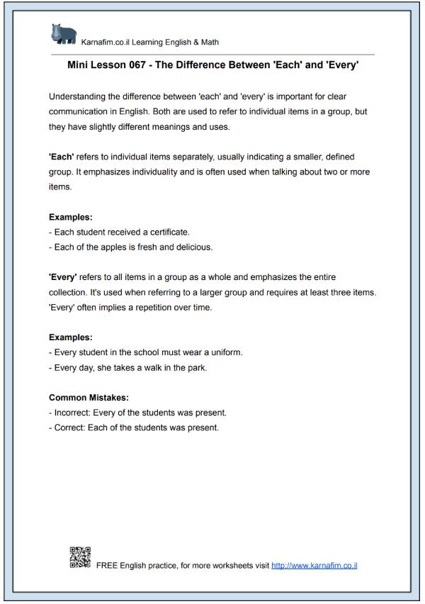 Mini Lesson 067 - The Difference Between 'Each' and 'Every'-p1