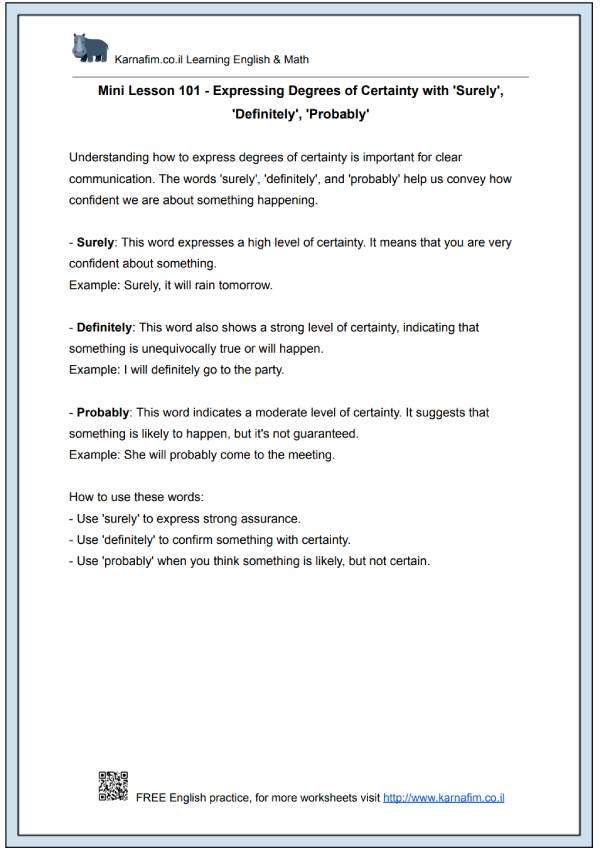 Mini Lesson 101 - Expressing Degrees of Certainty with 'Surely', 'Definitely', 'Probably'-p1