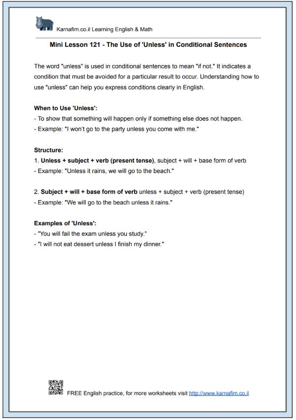 Mini Lesson 121 - The Use of 'Unless' in Conditional Sentences-p1