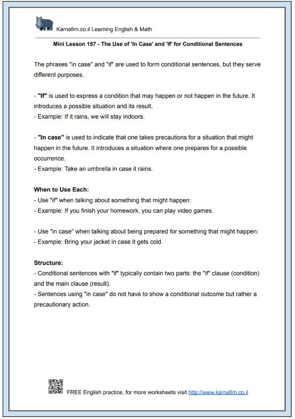 Mini Lesson 157 - The Use of 'In Case' and 'If' for Conditional Sentences-p1