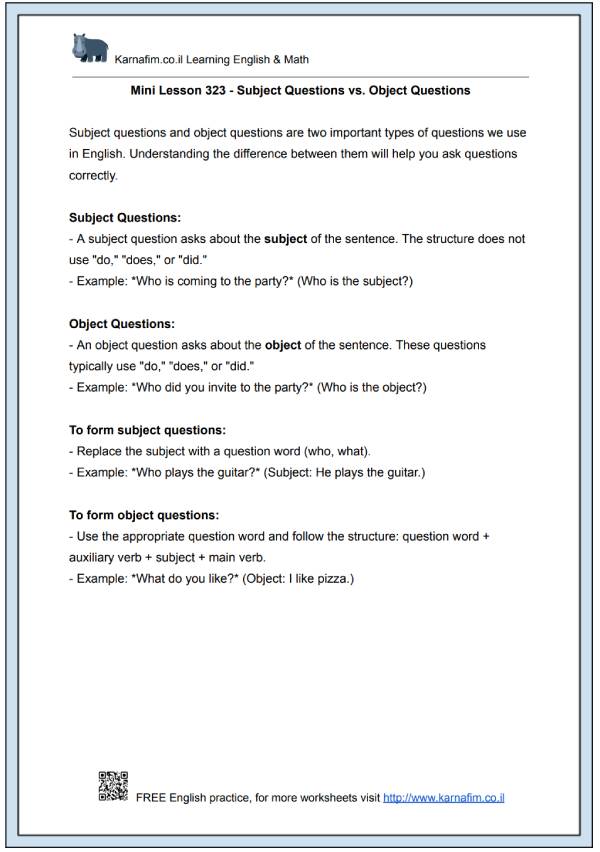 Mini Lesson 323 - Subject Questions vs. Object Questions-p1